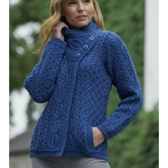 Aran Crafts 3 Button Jacket Sweater Marl Blue Women's Size XL X4458 New - Picture 1 of 5
